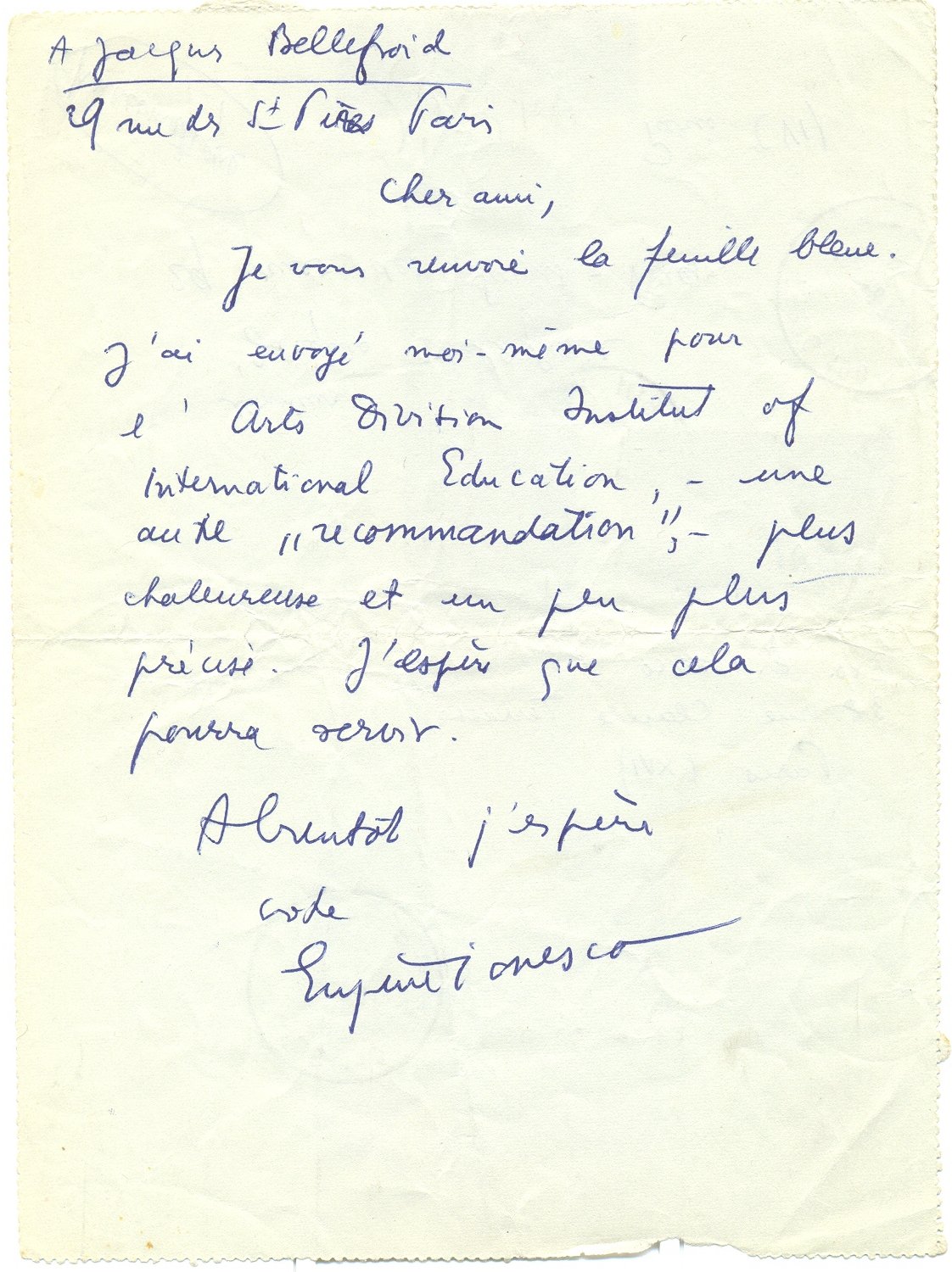 Eugène Ionesco, Lettre à Jacques Bellefroid